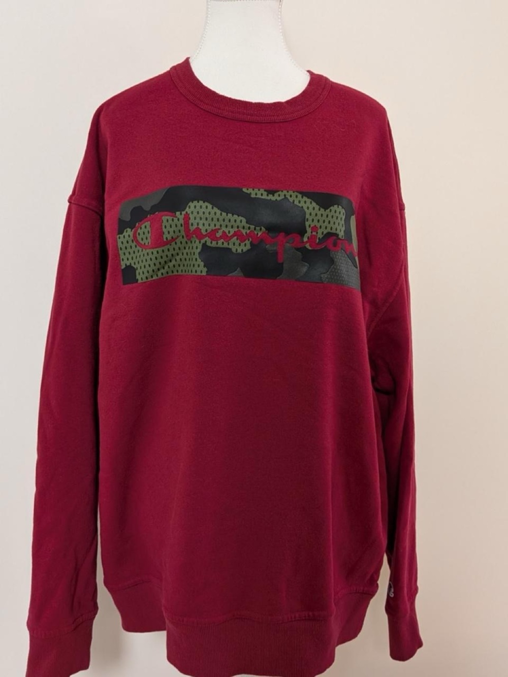 Champion Maroon Crewneck with Green Camo Logo